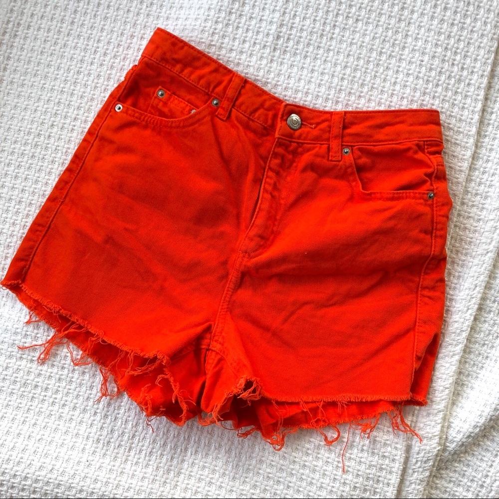 Topshop Moto Orange Frayed High Waisted Mom Shorts